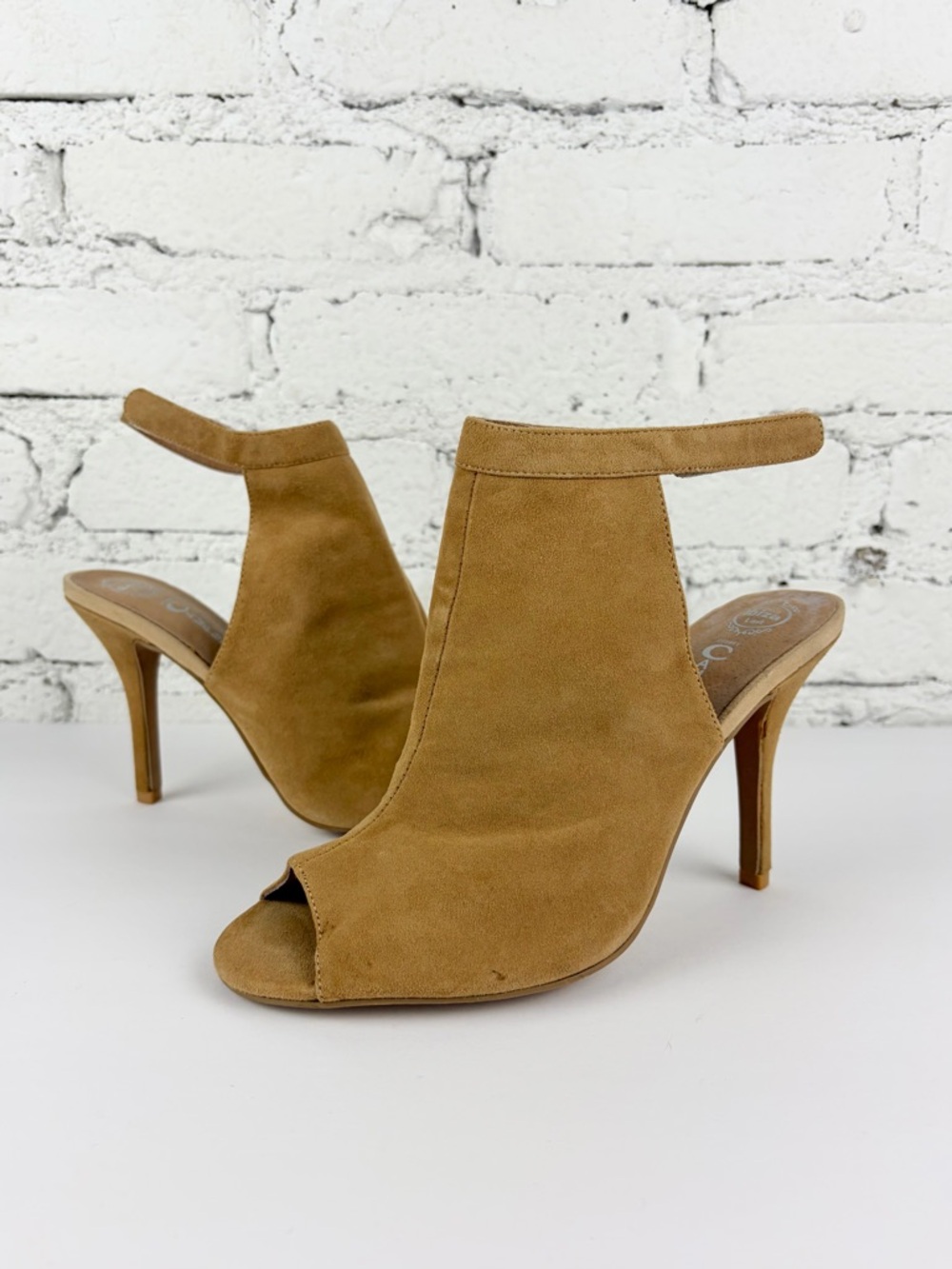 Jeffery Campbell Norene Nubuck Carmel Brown Ankle Strap Peep Stiletto Heels 8.5